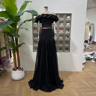 Amazon Summer 2025 New Hemp Flower Hot Diamond One-Shoulder Top + Extra Long Floor-Mopping Skirt Dress