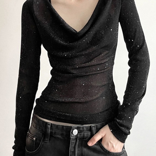 Stylish and Unique Women's Long-Sleeve Blouse with Design Elements, Sheer and Fitted for a Slimming Effect, Trendy and Fashionable 