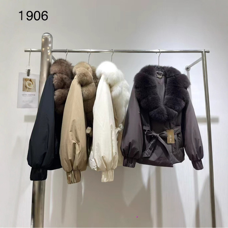 2025新款狐狸毛皮草白鸭绒羽绒服女短款系带收腰显瘦保暖外套|undefined