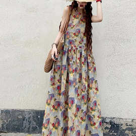 2025年长款及踝油画风复古背心裙小清新减龄韩版A字甜美连衣裙