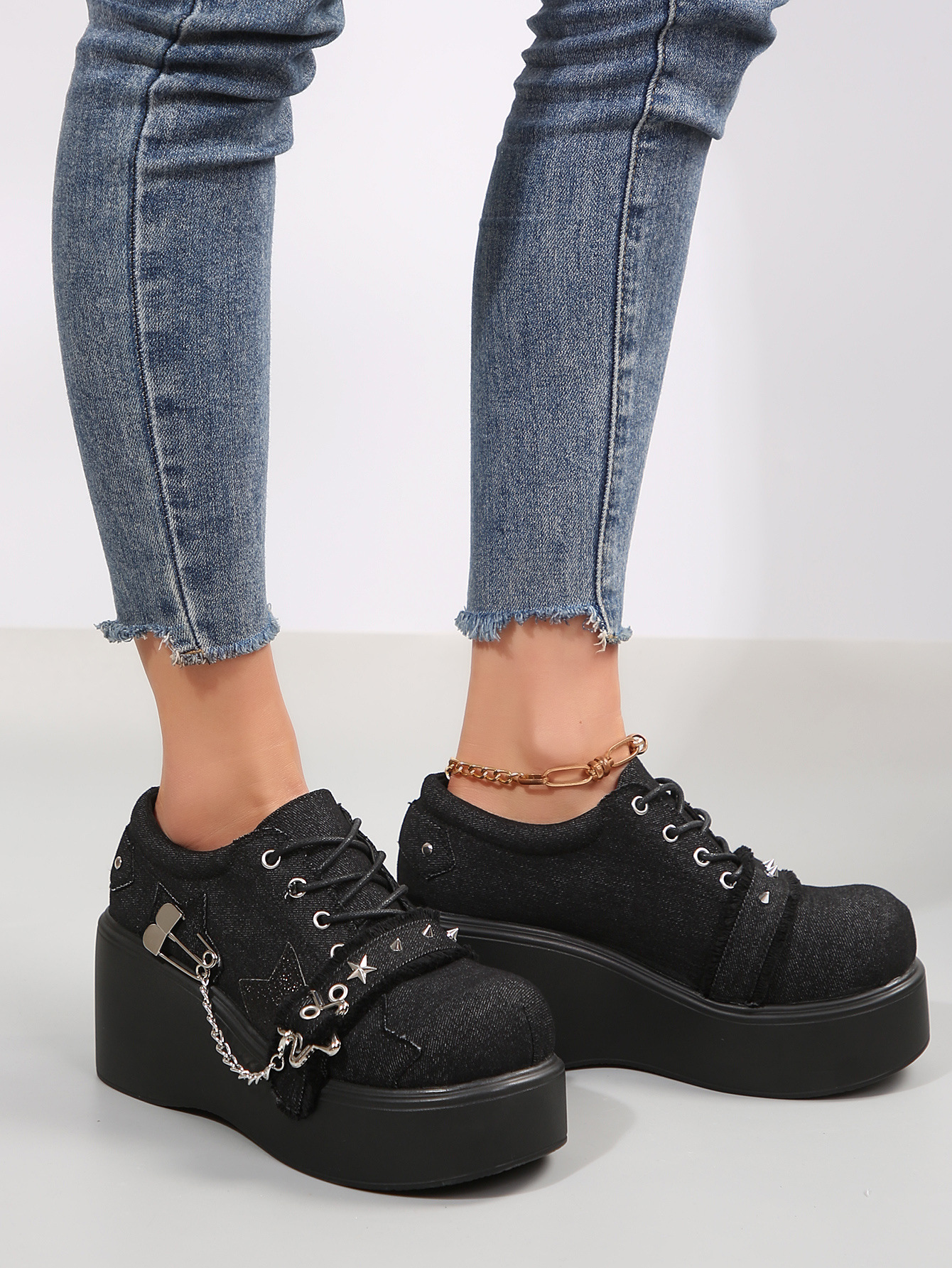 Women's Platform Wedge Mary Jane Shoes With Rivet Detail Denim_voghion.com