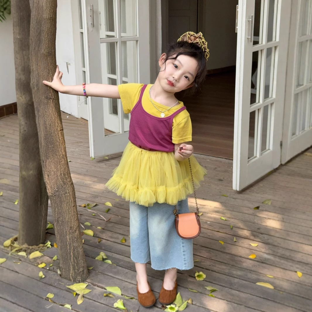 Girls' Summer 2025 New Children's Dopamine T-Shirt with Sling Multi-Piece suit Yarn Fart Curtain Jeans