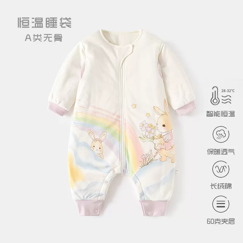 婴儿恒温睡袋加棉秋冬夹棉宝宝分腿睡衣新生儿拉链式多功能防踢被