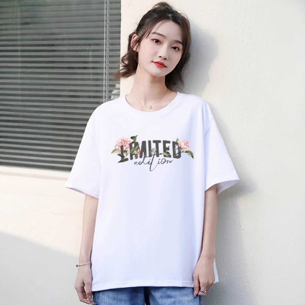 Summer New Cotton Short-sleeved T-shirt Women's Base Shirt Loose Round Neck Cotton White T-shirt Women's Wholesale Printing