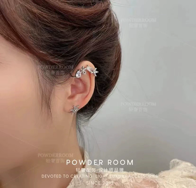 Zirconium, small design universal ear clips, cute earrings, flowered, with snowflakes, simple and elegant design, no pierced ears