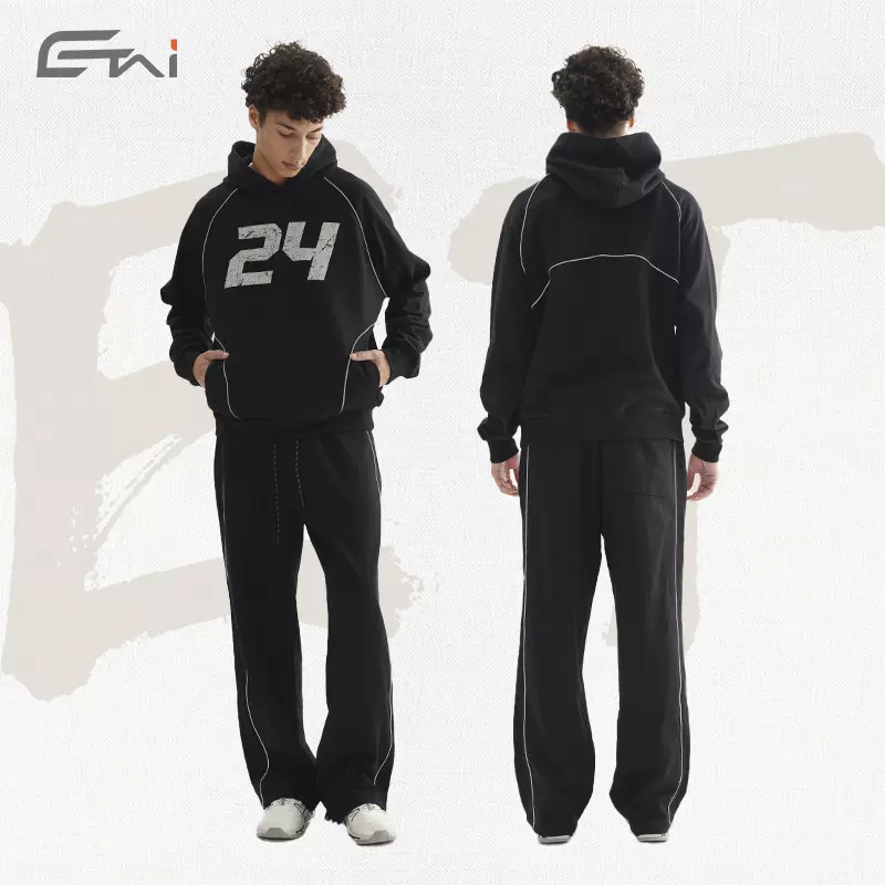 ETAI男装|潮牌运动风滚边卫衣裤套装宽松重磅棉制挤边条秋冬套装