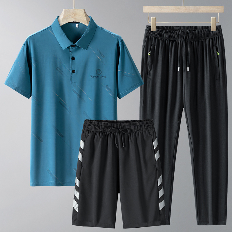 Camiseta de verano de papá camiseta de hielo de manga corta de mediana edad juego deportivo abuelo ropa de hombre papá polo casual conjunto de tres piezas