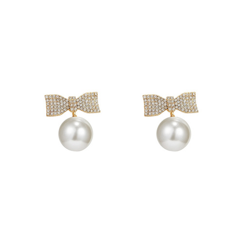 S925 Silver Needle Korean Style Exaggerated Full Diamond Bow Earrings Women's Big Pearl Personality Pendant Earrings Stud Earrings