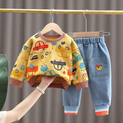 2021秋款日韓外貿童裝小汽車衛衣牛仔褲秋兒童長袖套裝二件套