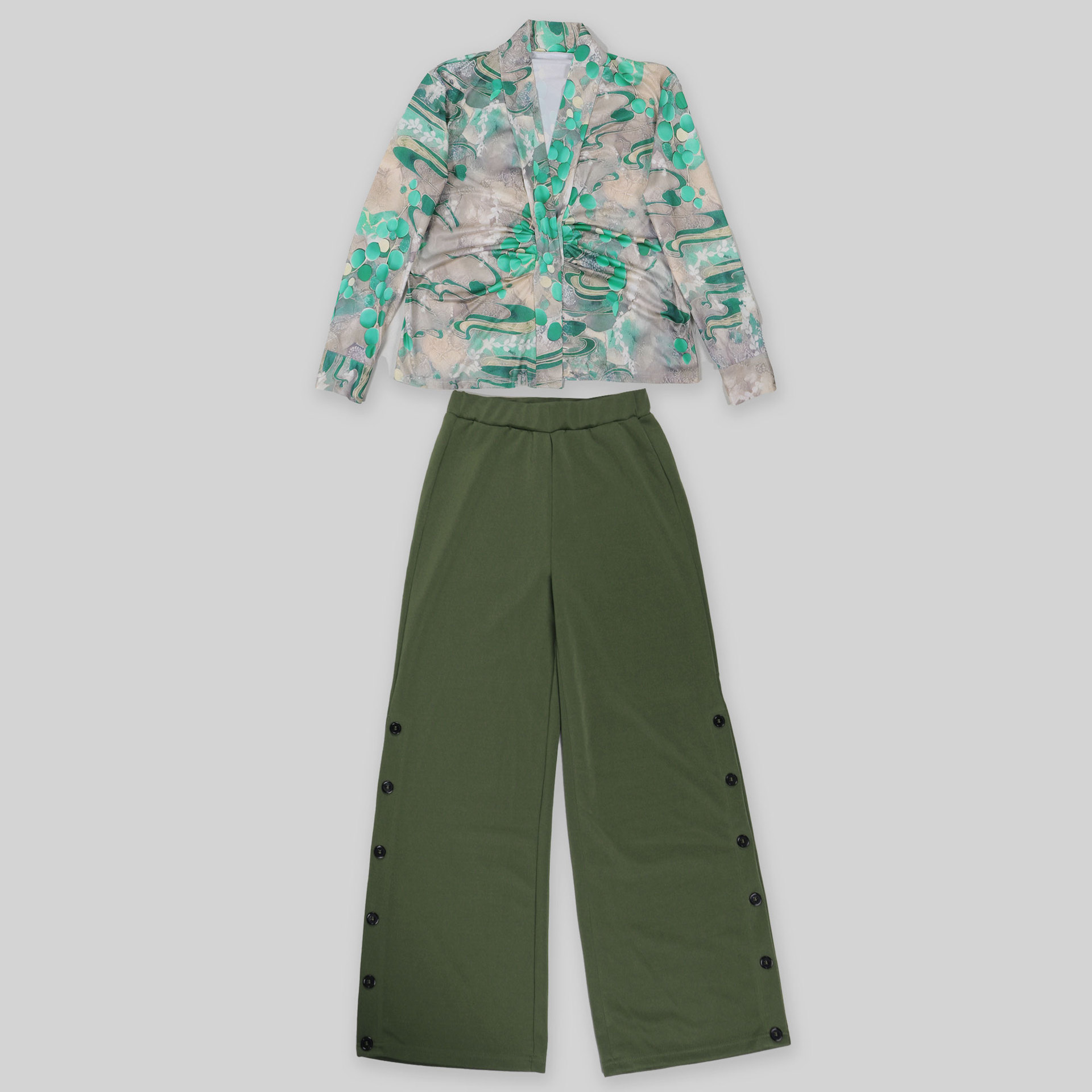 Women Printed V neck Shirt Wide Leg Pants Two Piece Set