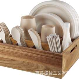 跨境木质厨房收纳盒刀叉纸巾储物盒可手提桌面碗筷勺子分格整理盒
