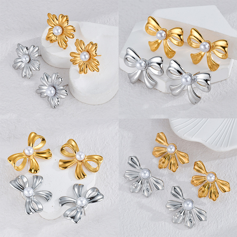 IG Style Style Wholesale Jewelry IG Style Flower Bow Knot 304 Stainless Steel Pearl Inlay Rings Earrings