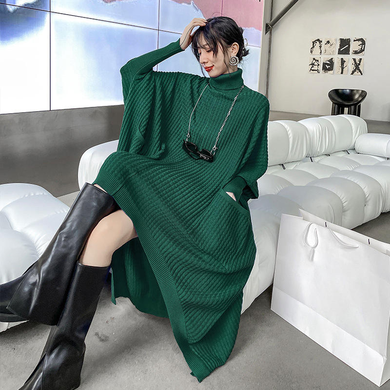 Estilo americano turtleneck Vestido de punto de las mujeres otoño nueva suelta adelgazamiento nicho diseño estilo occidental irregular suéter vestido