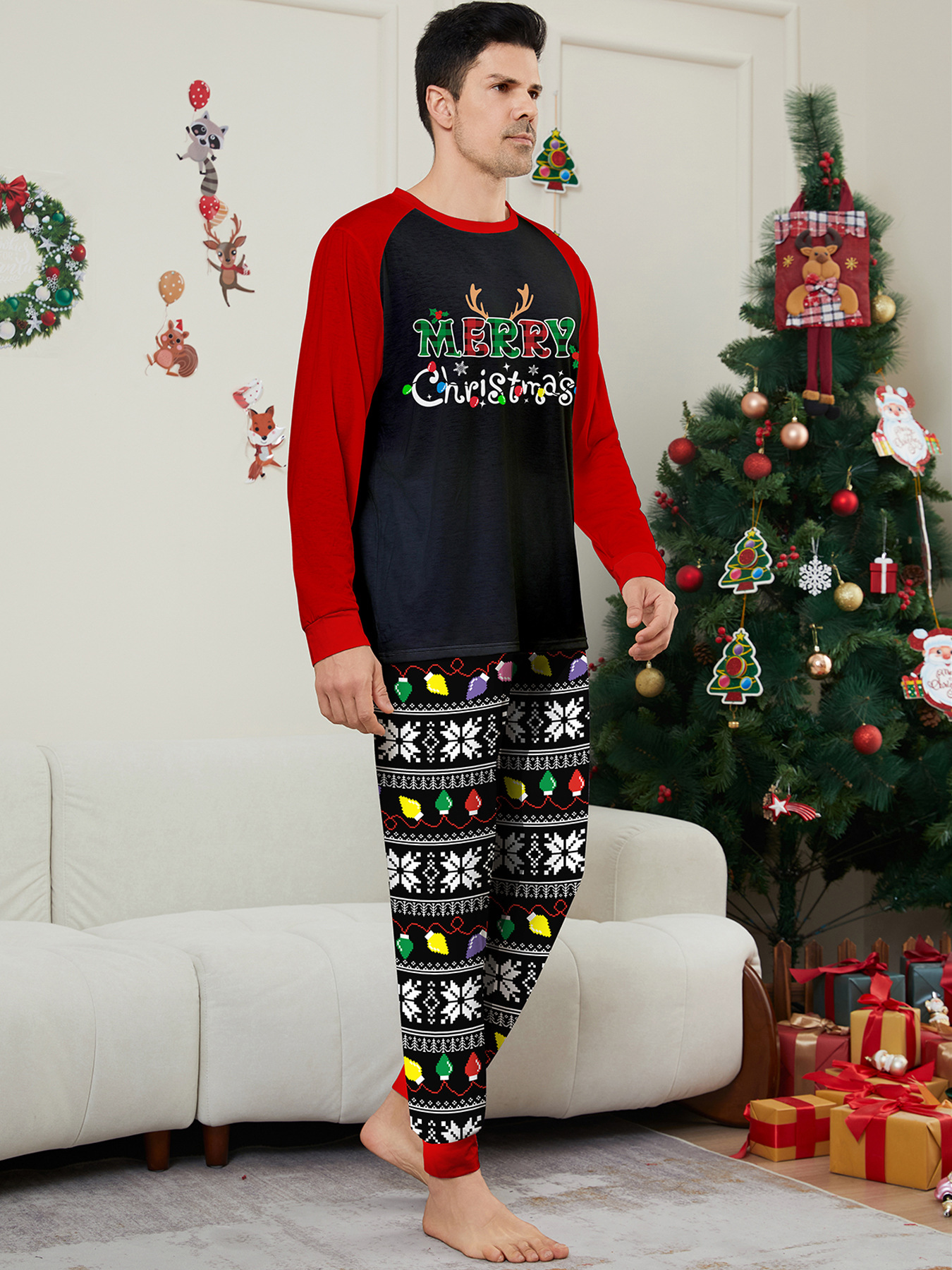 Pyjama imprimé pour la maison avec lettres de Noël et rayures en flocons de neige_voghion.com