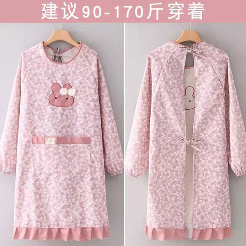 Bamboo Node Cotton Wear-resistant Breathable Apron Long Sleeve Cover-up Embroidery Pattern Large Pouch Workwear Kitchen Home Use Cooking Apron Waist Cover