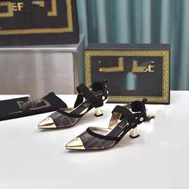 时尚金属头网纱字母F性感女凉鞋优雅气质高根尖头鞋夏