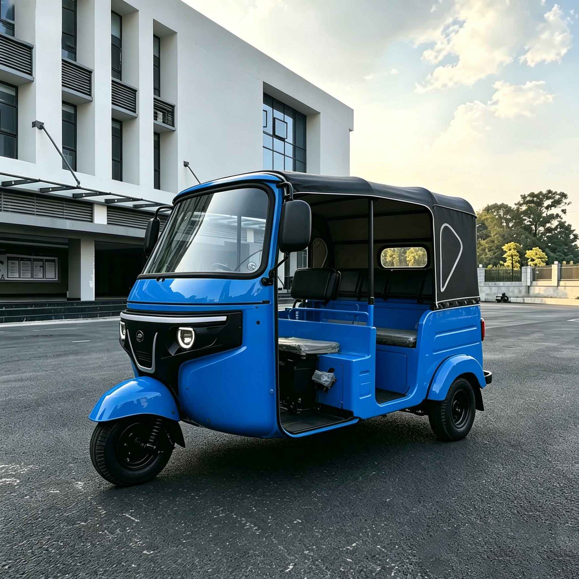 Electric passenger tourist tricycle with front shock absorber and swing arm, passenger-dedicated tuktuk for export, cross-border, blue