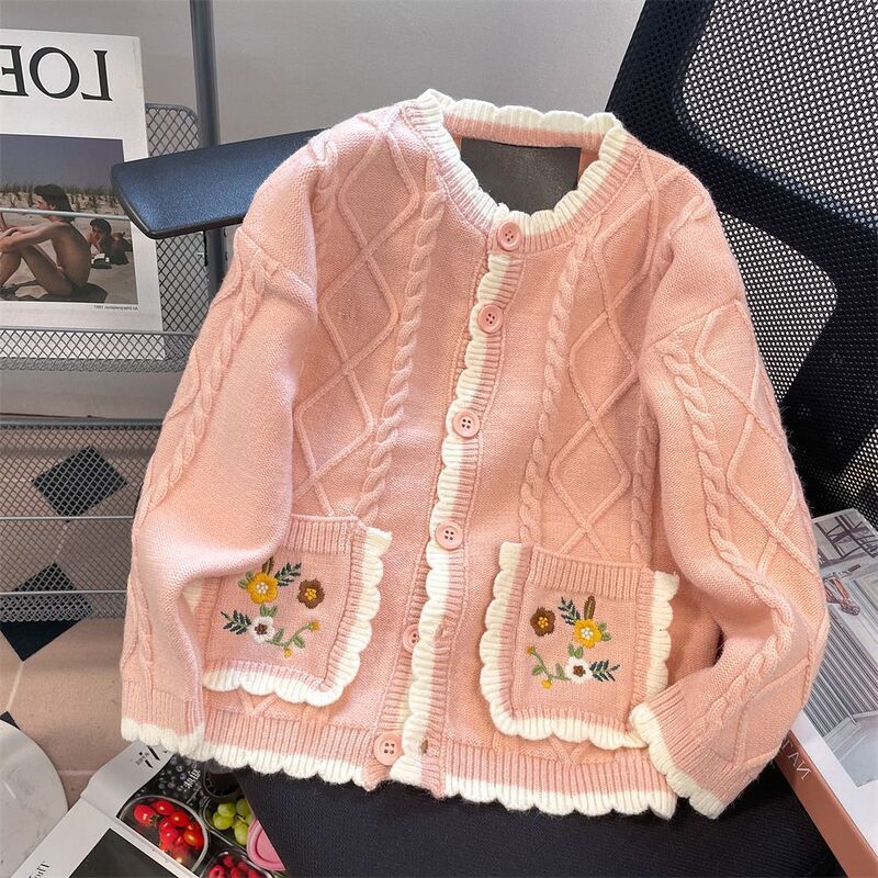 New Fragrant Japanese Style Style Chic Rhombus Flower Sweater Jacket Gentle Retro Embroider Sweet Knitted Cardigan 2024