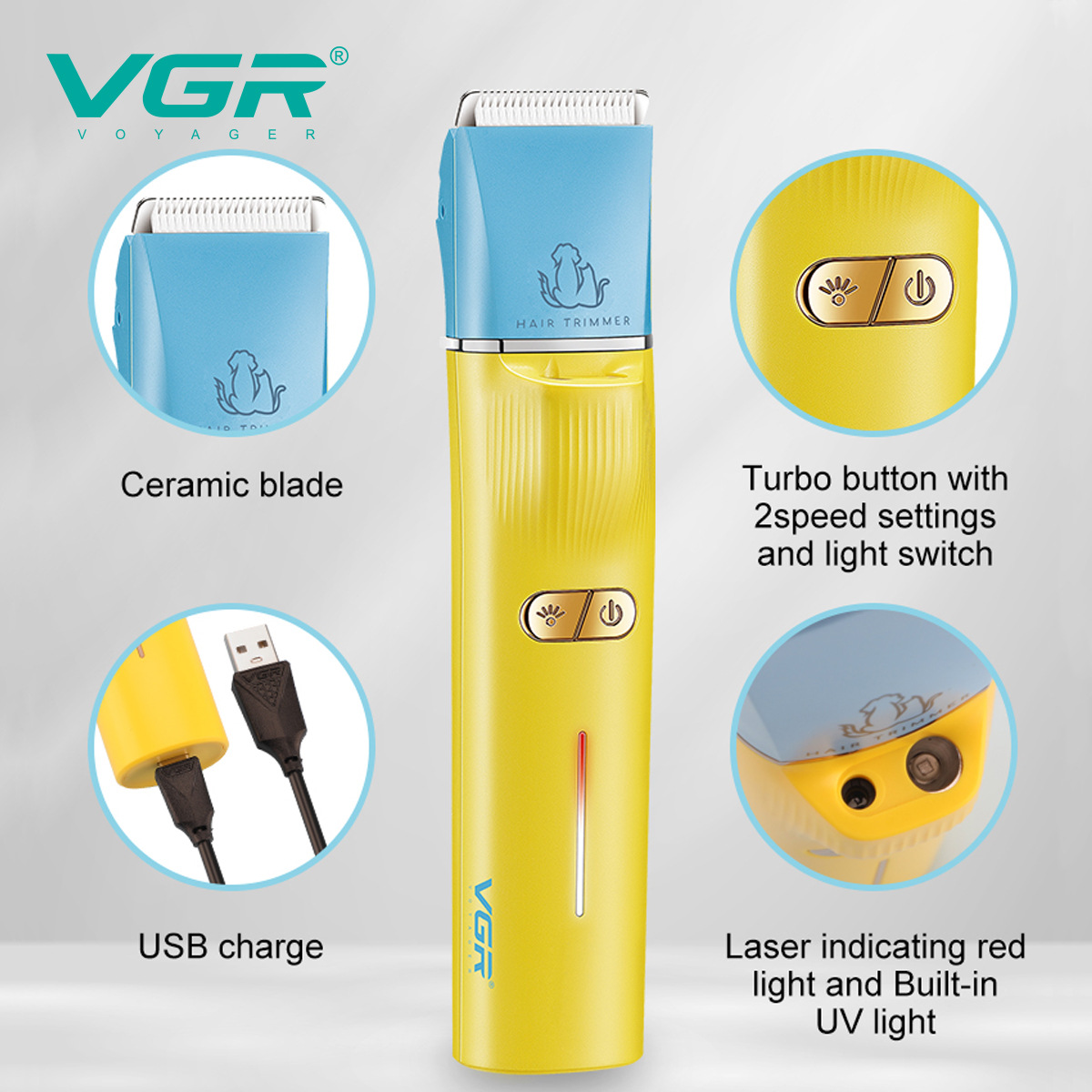 Tondeuse à poils d'animaux VGR219 : tondeuse électrique multifonctionnelle pour chats et chiens, ultra silencieuse, avec tondeuse dédiée aux poils des pattes._voghion.com