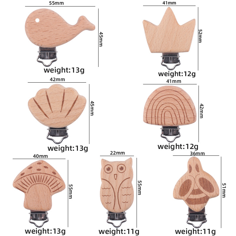 Suministros para bebés clip de chupete de haya clip de chupete animal de dibujos animados bebé calmante clip de madera de protección de seguridad de haya