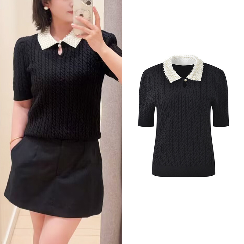 2026 Spring New French Style Beaded Lapel Vertical Ribbed Slim Fit Cable Knit Short Sleeve Top