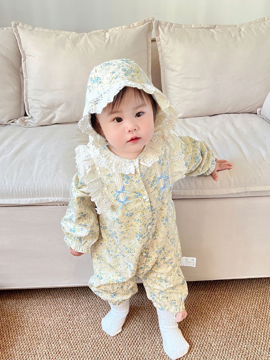 Ropa para otoño e invierno 2026, pelele de bebé estilo pastoral, mono de gateo para niña con forro polar floral Clase A, manga larga, estilo INS.