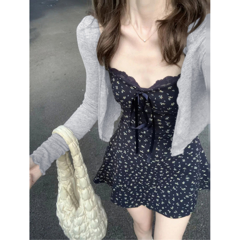 Blue Floral Spaghetti Strap Dress for Women, Summer 2026 New Korean Style Outfit, High-End Cardigan and Short Skirt Set