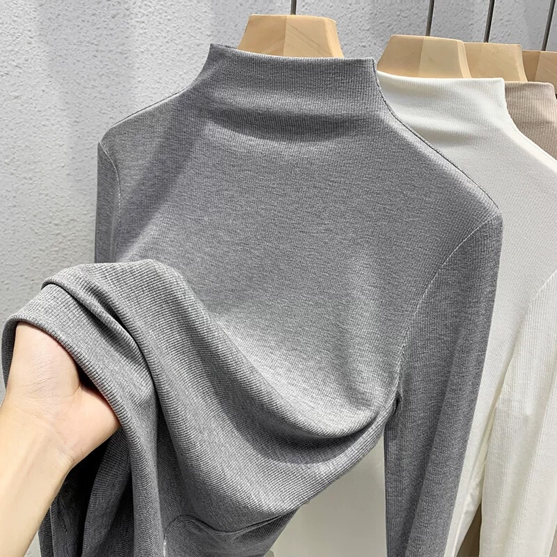 Black Half-High Collar Modal Base Shirt for Women, 2026 New Spring and Autumn Slim Fit Thin Long-Sleeve T-Shirt Trendy