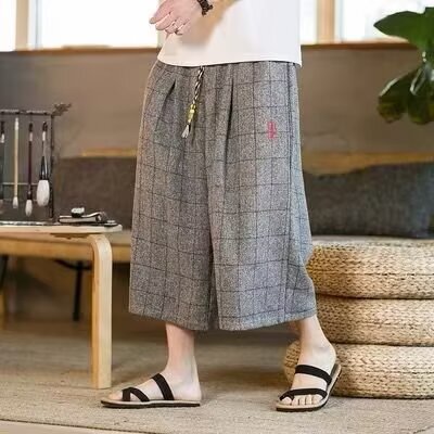 Men's Chinese Style Embroidered Plaid Cropped Pants, Summer Loose Beach Pants, Trendy Elastic Waist Casual Pants