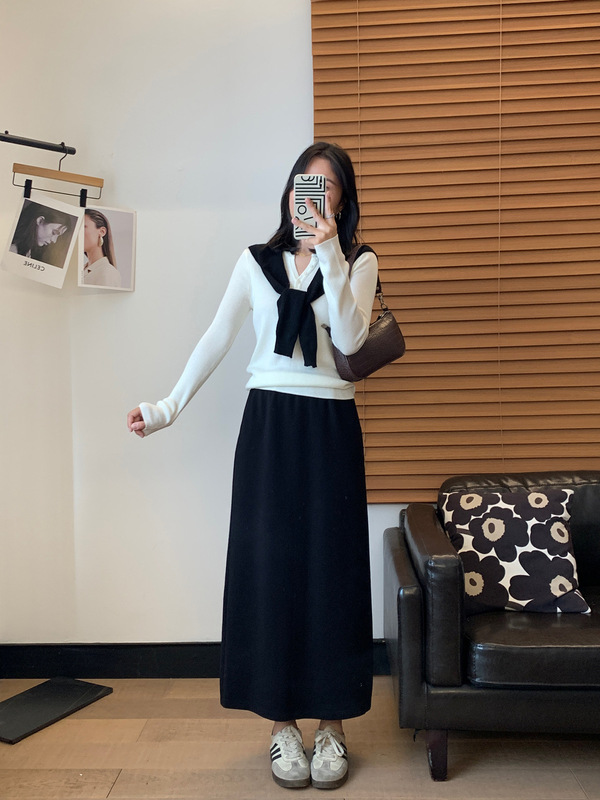 气质出众半开襟修身显瘦条纹针织上衣长袖打底衫女25秋冬|undefined