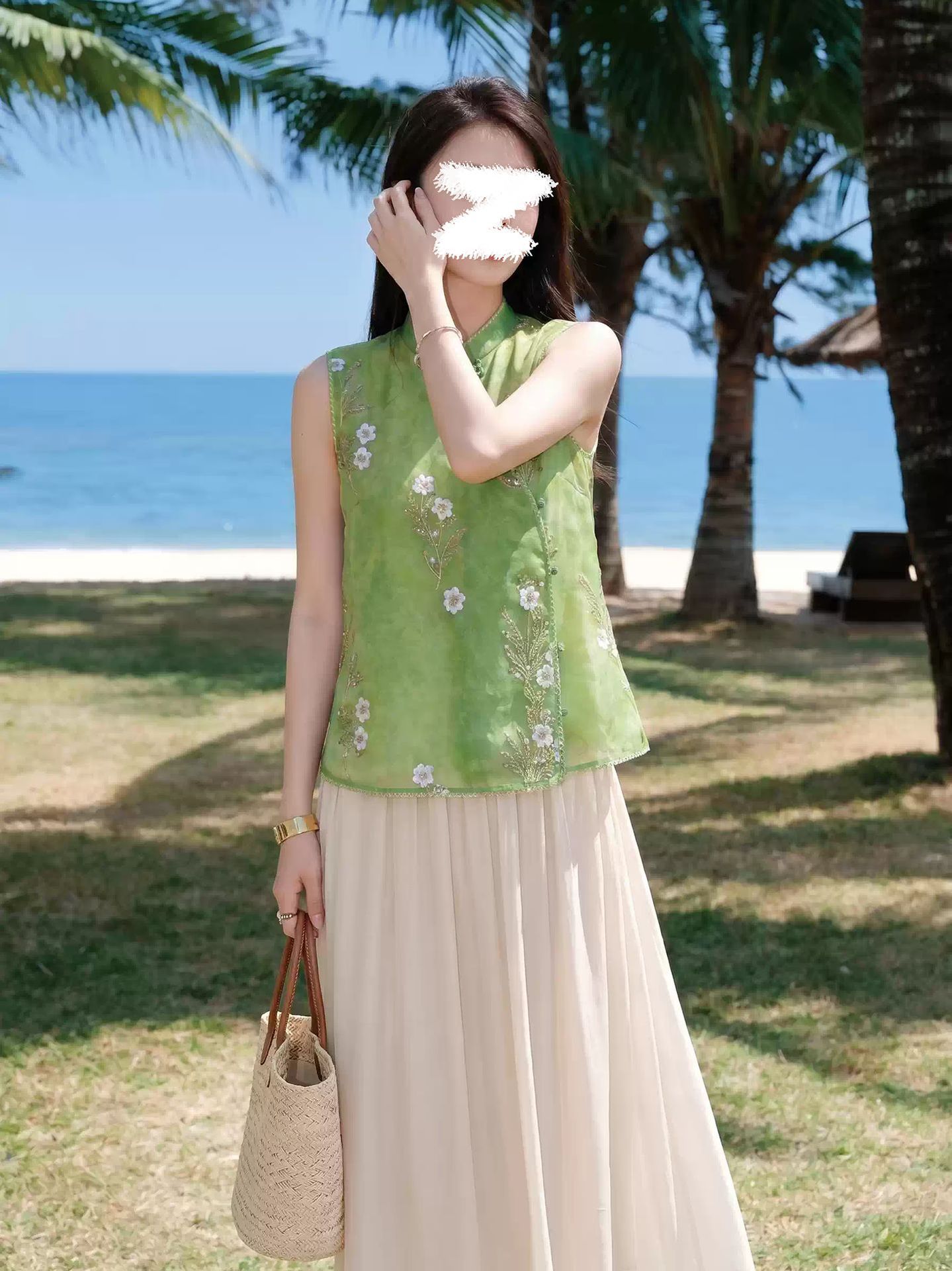 Áo gile không tay cổ đứng xẻ tà thêu hoa phong cách Tân Trung Hoa — xanh lá cây chi tiết 2