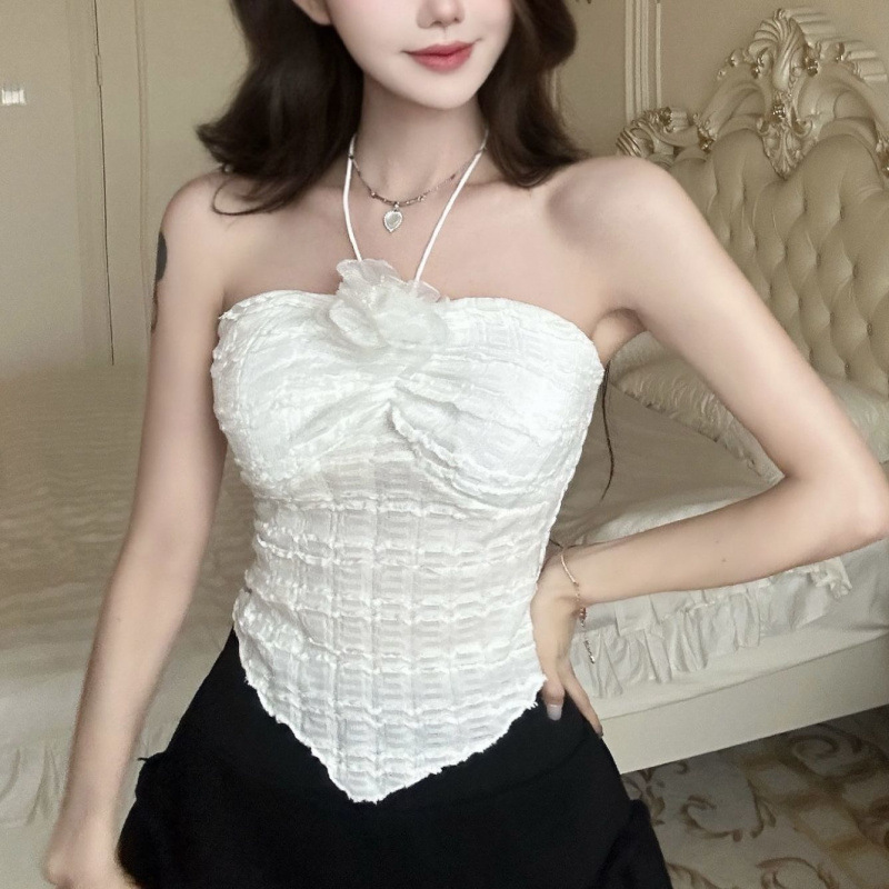 Chaleco de eslinga irregular de cuello colgante hueco de dopamina flor blusa de tubo dulce y picante contacto con ropa interior con almohadilla para el pecho