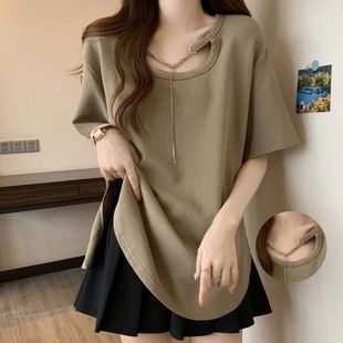 Short-Sleeved T-Shirt for Women Summer 2024 New Loose Slimming Look Versatile Mid-Length Large Size Design Bottoming Shirt Top
