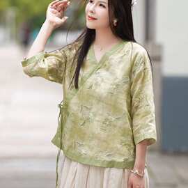苎麻T恤衫2026夏季新款复古新中式斜襟V领刺绣印花上衣女茶服
