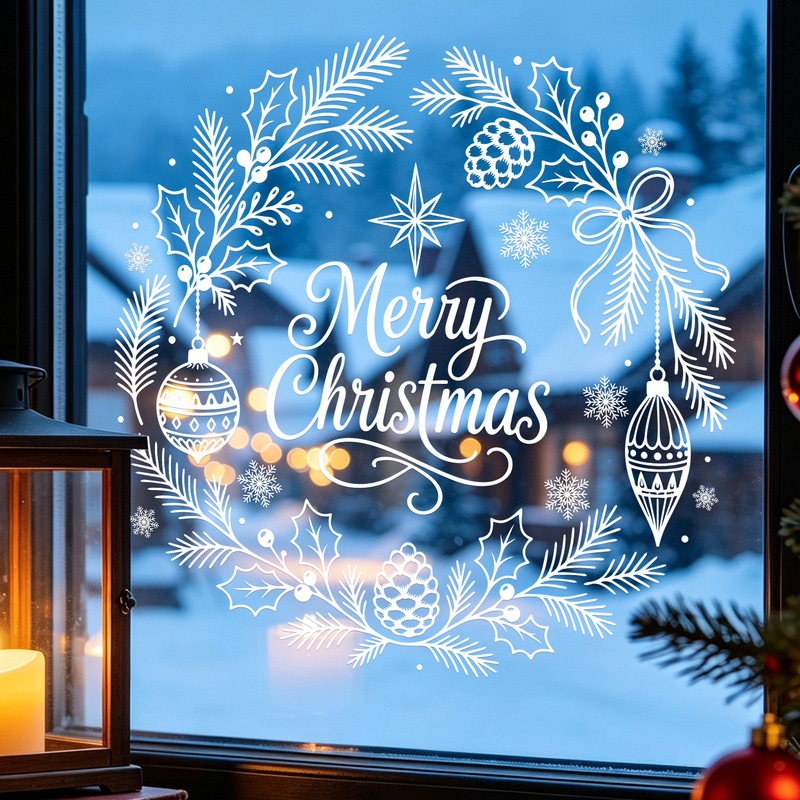 Simple white pine branch Christmas electrostatic window sticker with snowflakes and colorful balls, adhesive-free window glass sticker for festive atmosphere decoration