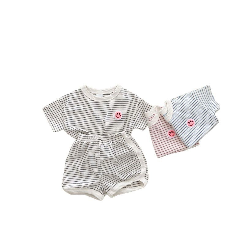 Conjunto de verano infantil coreano, traje de manga corta a rayas con cara sonriente, dos piezas sencillas