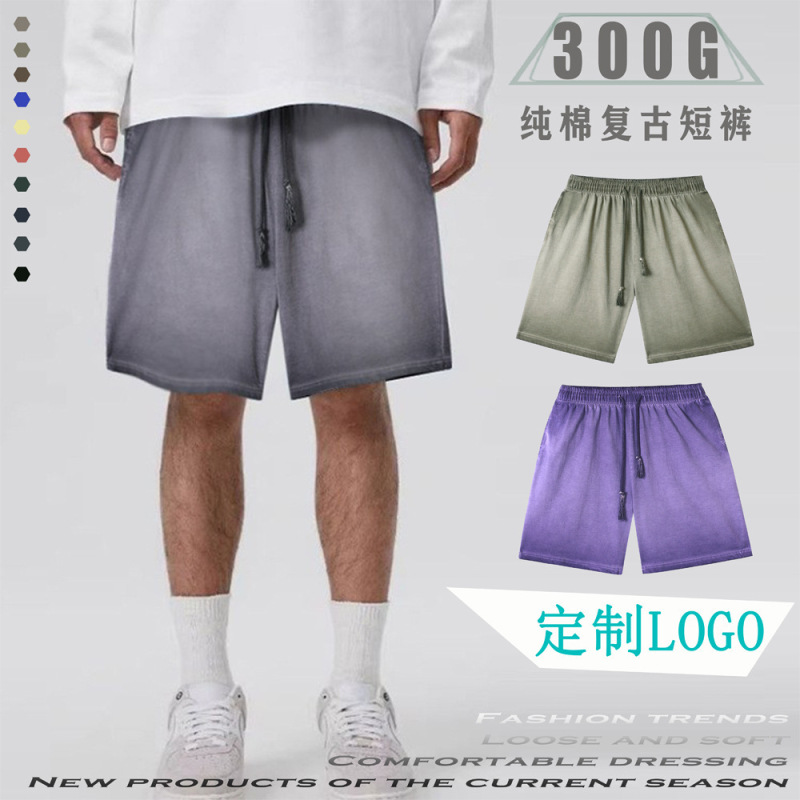 New 300g washed distressed unisex sports shorts, ins-style dirty dye with faded white effect, vintage drawstring casual pants for everyday wear New 300g washed distressed unisex sports shorts, ins-style dirty dye with faded white effect, vintage drawstring casual pants for everyday wear