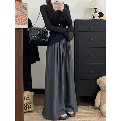 Korean style lazy fashion solid color loose waist casual pants for women summer high waist loose straight tube slim wide leg pants 