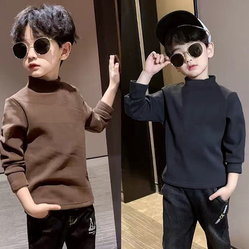 Children's down fleece undershirt half high neck padded boys' warm clothes hoodie top autumn and winter baby T-shirt autumn clothes 