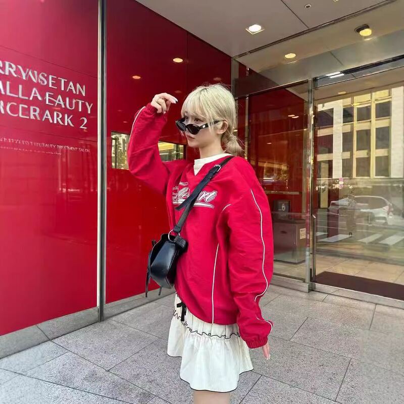 In-Stock Ming Zai Huan Same Style Korean Niche Designer Trendy Street Style Letter Print Loose Round Neck Sweatshirt for Women