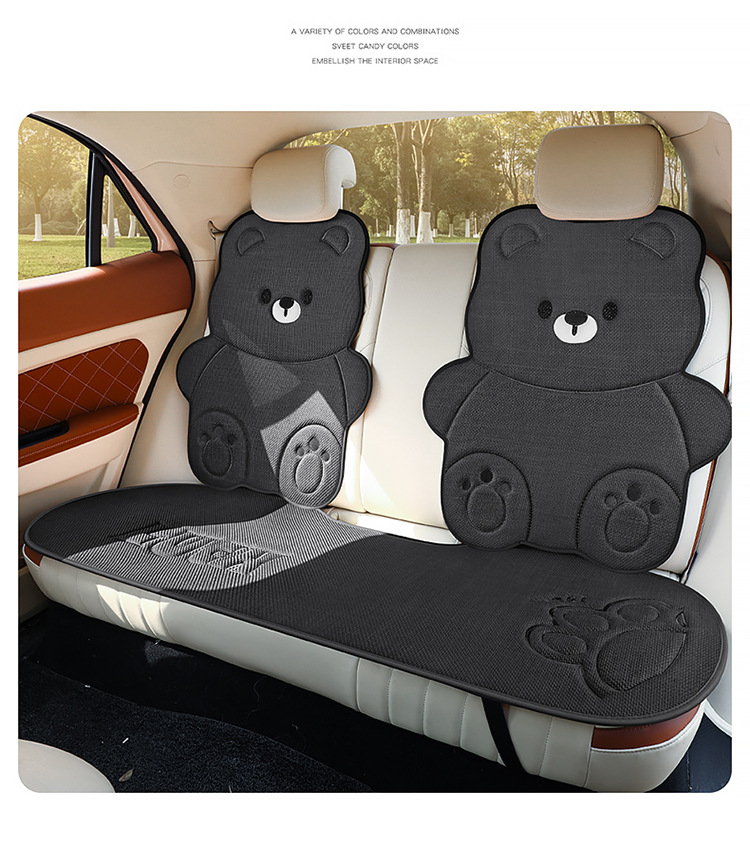 Car Seat Cushion for All Seasons, Cartoon Design, Breathable Cotton and Linen for Summer, Ventilated for Autumn and Winter, Half-Cover, Cute Bear Seat Cover for Women