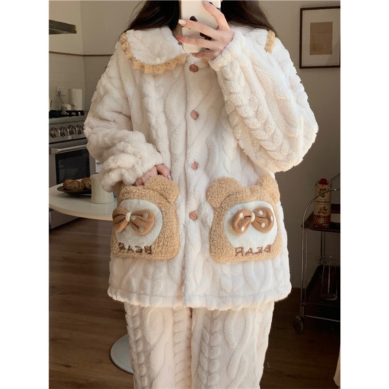 coral velvet pajamas women‘s spring and autumn winter thickened velvet padded 2025 new cardigan cute cartoon home wear suit
