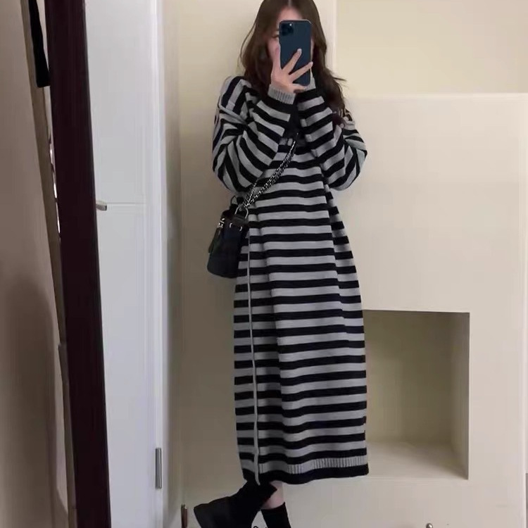 欧洲站秋冬2025新款女装长款过膝宽松条纹毛衣裙子针织连衣裙打底|undefined