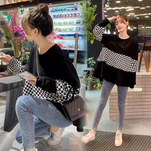 孕妇装春装假两件拼接格子长袖上衣宽松大码显瘦T恤春季怀孕衣服