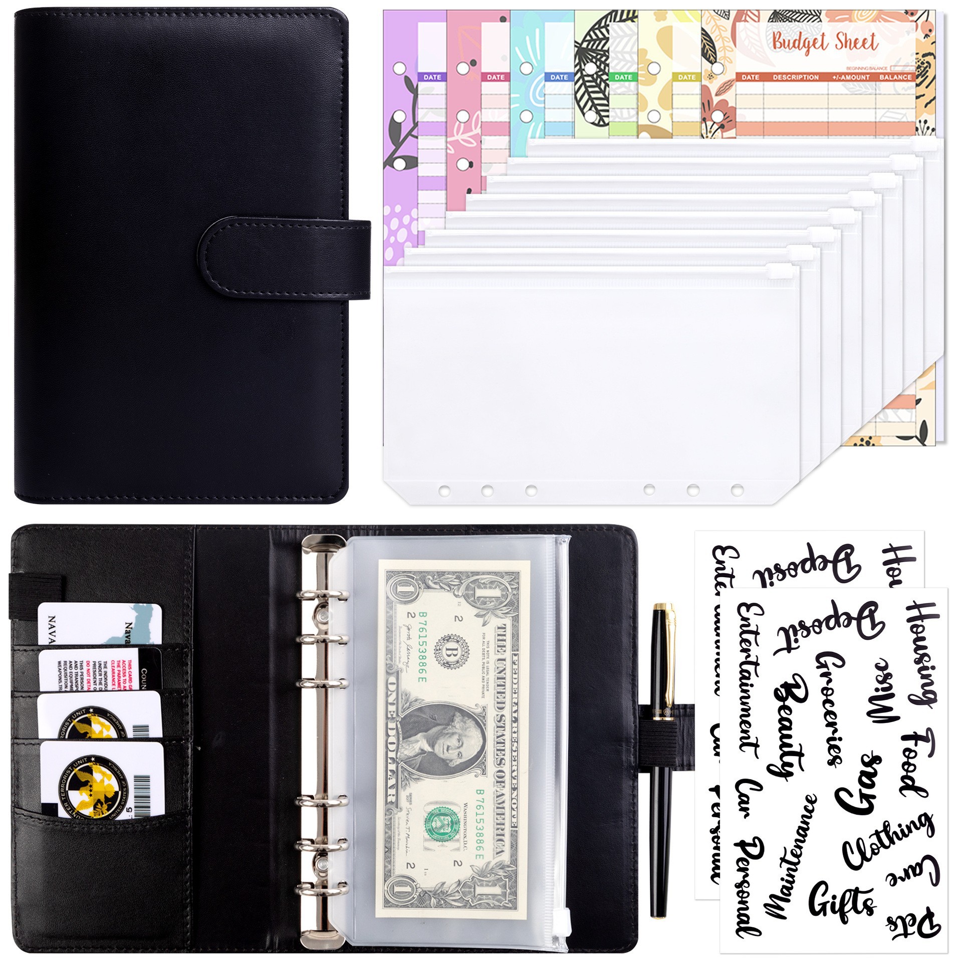 Presupuesto transfronterizo Cash Clip de hojas sueltas Bolsa con cremallera Sobres Libro de cuentas A6 Macarons PU Cuaderno de hojas sueltas de cuero
