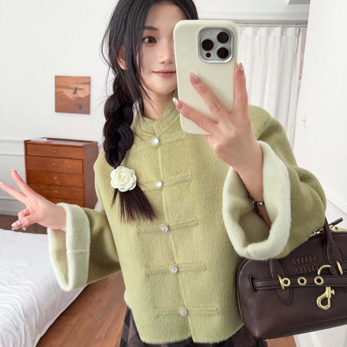 现货SW新中式双面呢外套女25春季国风盘扣绿色短呢子上衣S4WT010