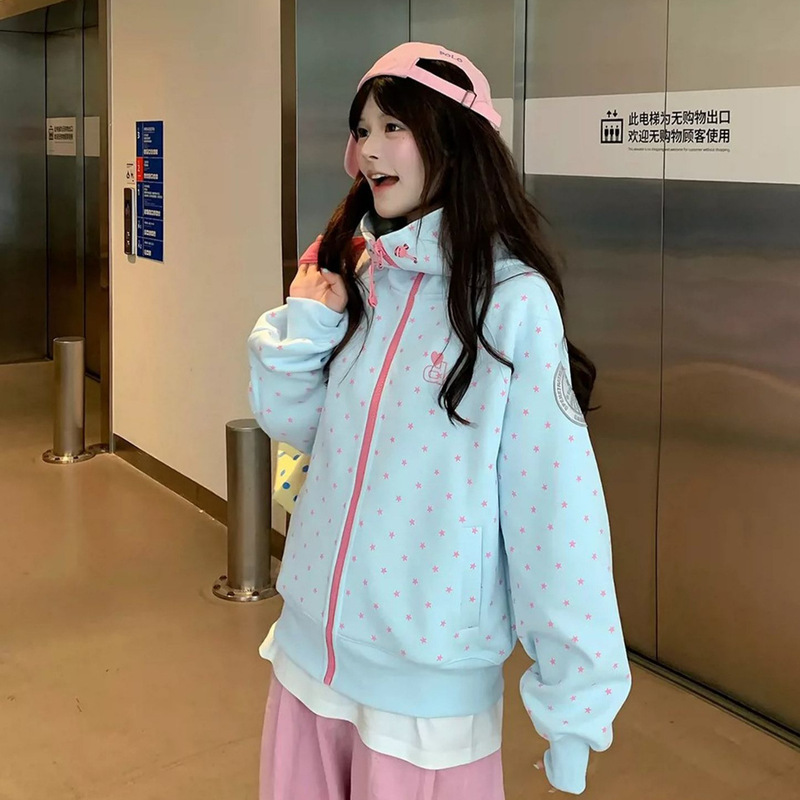 Korean-Style Full-Print Star Velcro Dopamine Color-Blocking Hooded Sweatshirt Jacket for Women, Autumn and Winter, Loose Sweet Girl Style Korean-Style Full-Print Star Velcro Dopamine Color-Blocking Hooded Sweatshirt Jacket for Women, Autumn and Winter, Loose Sweet Girl Style