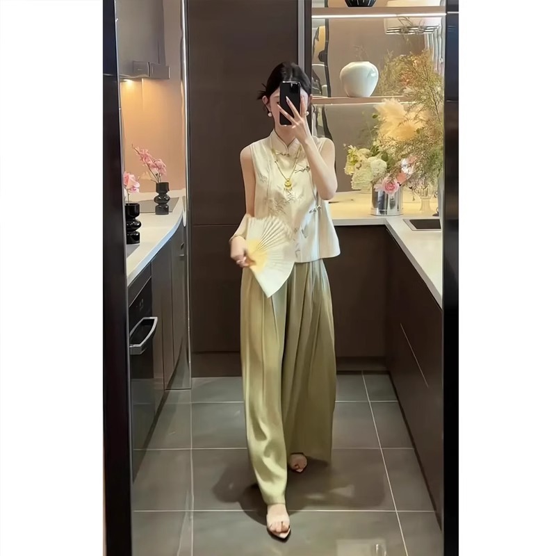中国風の婦人服 2025 新しいレトロな新しい中国風の刺繍トップ夏の気質ドレープハイウエストカジュアルパンツスーツ|undefined