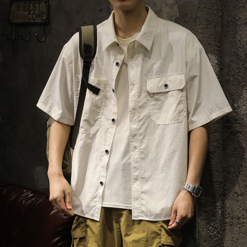 American Style Design Sense Tooling Short-sleeved Shirt Men's Summer Thin Ice Silk Japanese Style Retro White Loose plus size Shirt