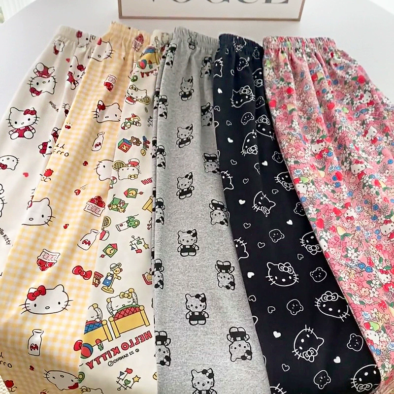 Милые и милые женские пижамные штаны с принтом Hello Kitty, свободные и удобные, длинные брюки для дома, свободные повседневные брюки.